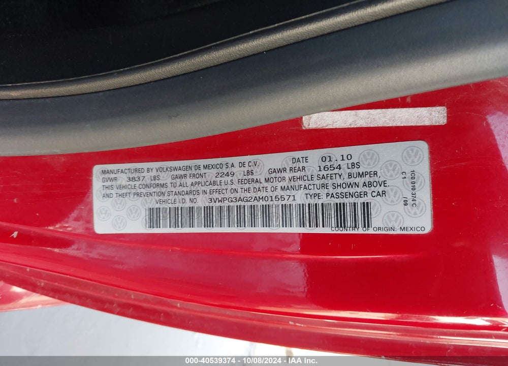 2010 VOLKSWAGEN NEW BEETLE VIN: 3VWPG3AG2AM015571