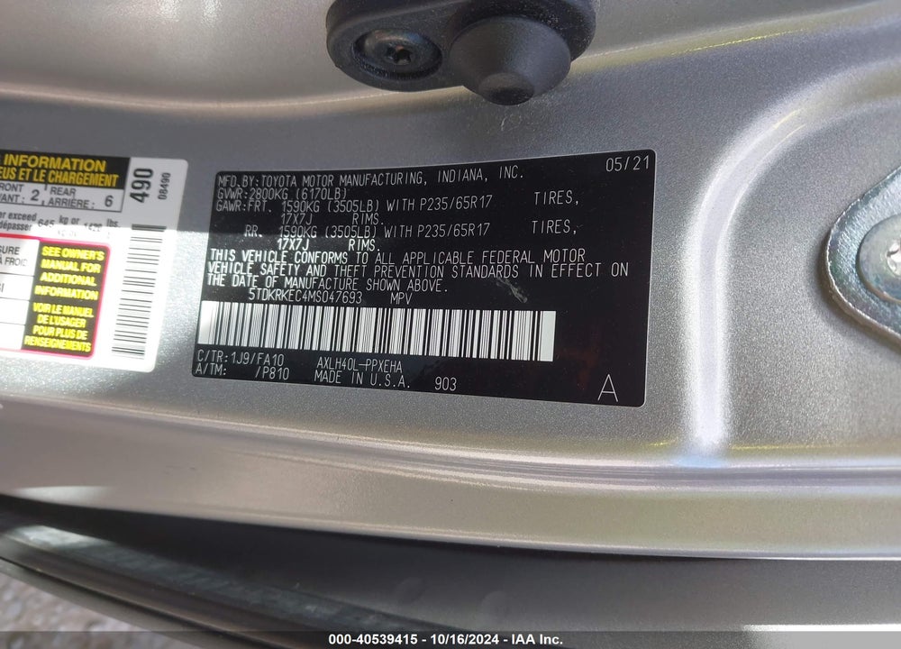 2021 TOYOTA SIENNA LE VIN: 5TDKRKEC4MS047693