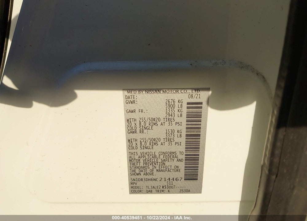 2022 NISSAN PATHFINDER PLATINUM 2WD VIN: 5N1DR3DH6NC214467