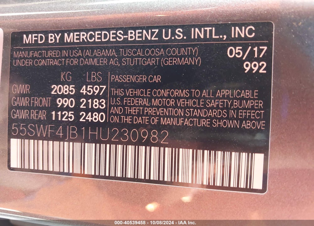 2017 MERCEDES-BENZ C 300 LUXURY/SPORT VIN: 55SWF4JB1HU230982