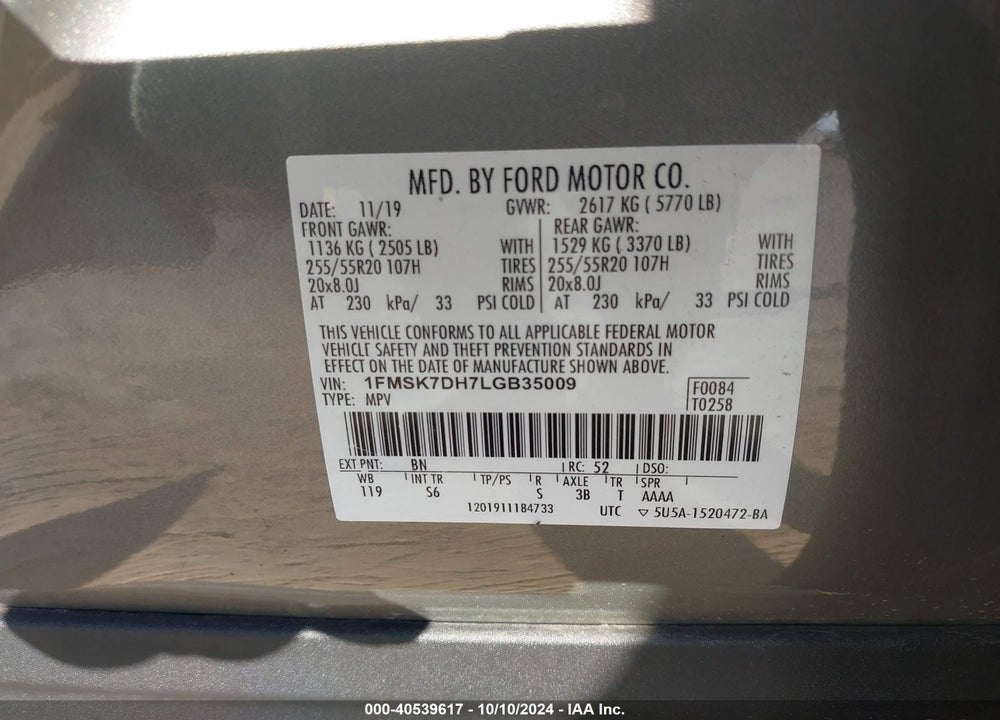 2020 FORD EXPLORER XLT VIN: 1FMSK7DH7LGB35009