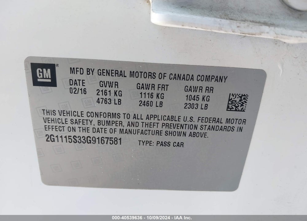 2016 CHEVROLET IMPALA 2LT VIN: 2G1115S33G9167581