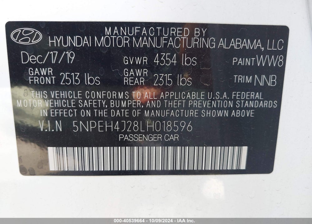 2020 HYUNDAI SONATA LIMITED VIN: 5NPEH4J28LH018596