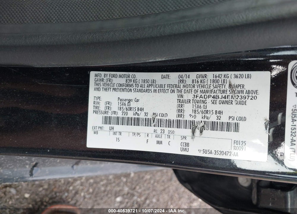 2014 FORD FIESTA SE VIN: 3FADP4BJ4EM239720