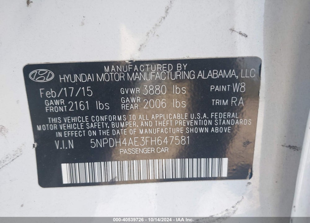 2015 HYUNDAI ELANTRA VIN: 5NPDH4AE3FH647581