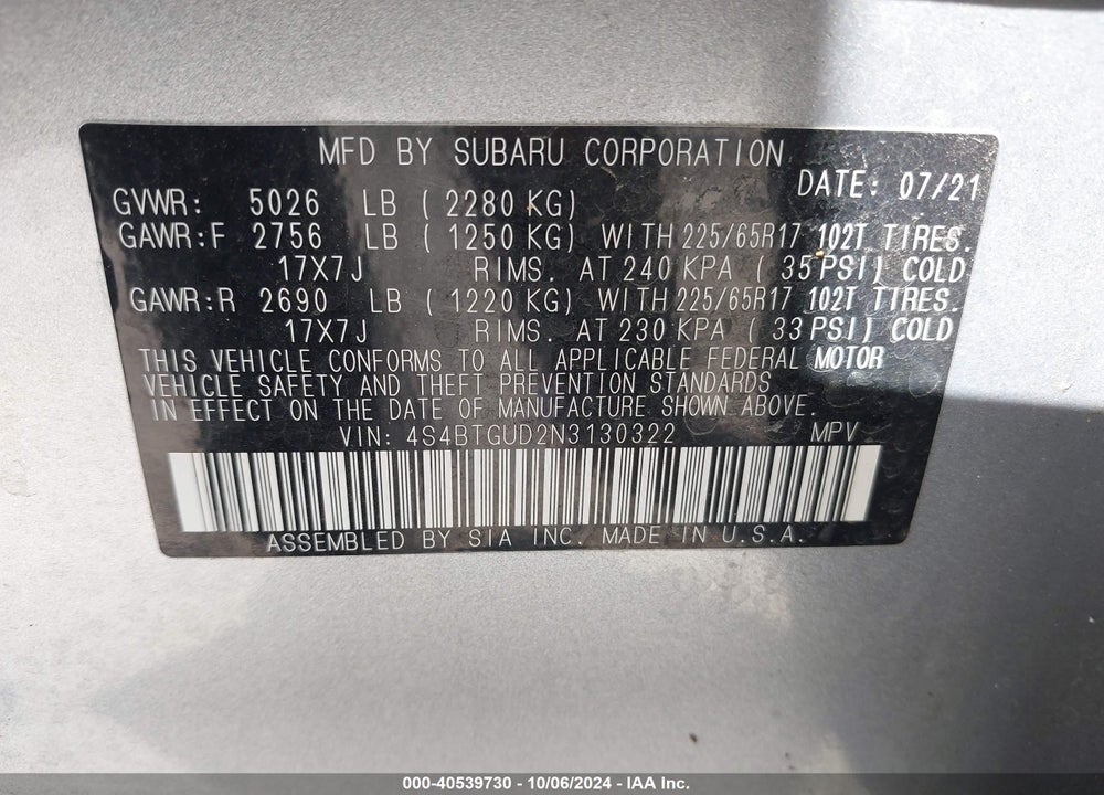 2022 SUBARU OUTBACK WILDERNESS VIN: 4S4BTGUD2N3130322