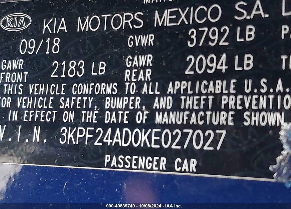 2019 KIA FORTE LXS VIN: 3KPF24AD0KE027027
