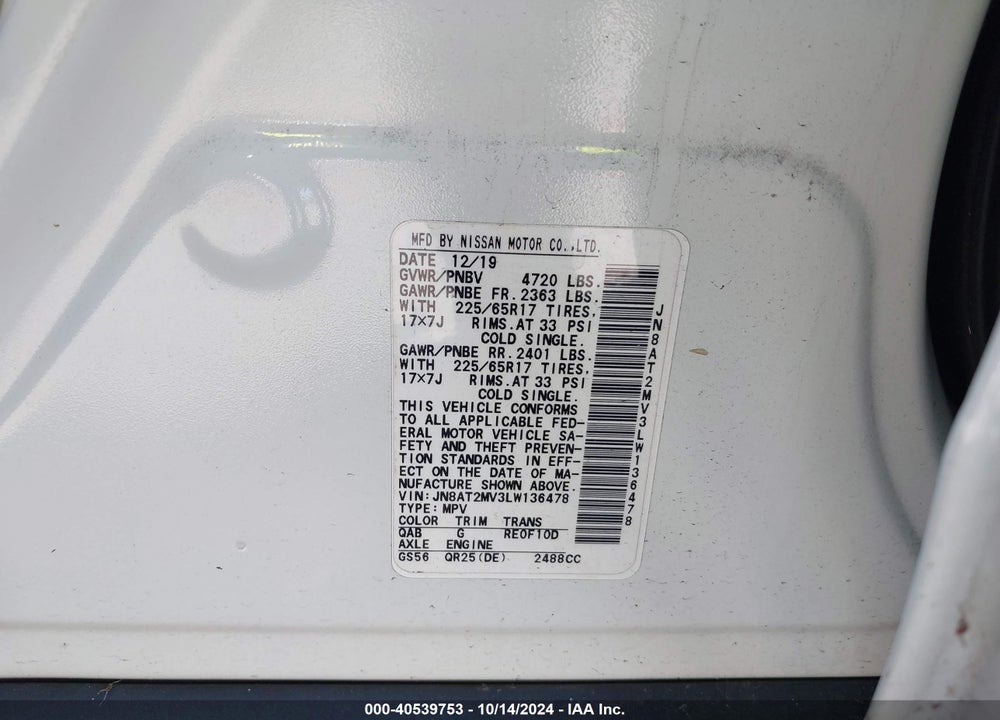 2020 NISSAN ROGUE SV INTELLIGENT AWD VIN: JN8AT2MV3LW136478