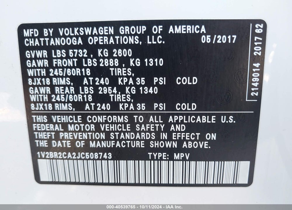 2018 VOLKSWAGEN ATLAS 3.6L V6 LAUNCH EDITION VIN: 1V2BR2CA2JC508743