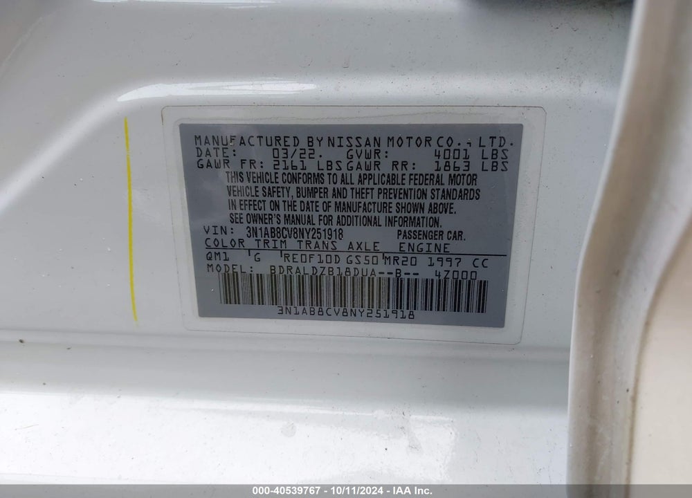 2022 NISSAN SENTRA SV XTRONIC CVT VIN: 3N1AB8CV8NY251918