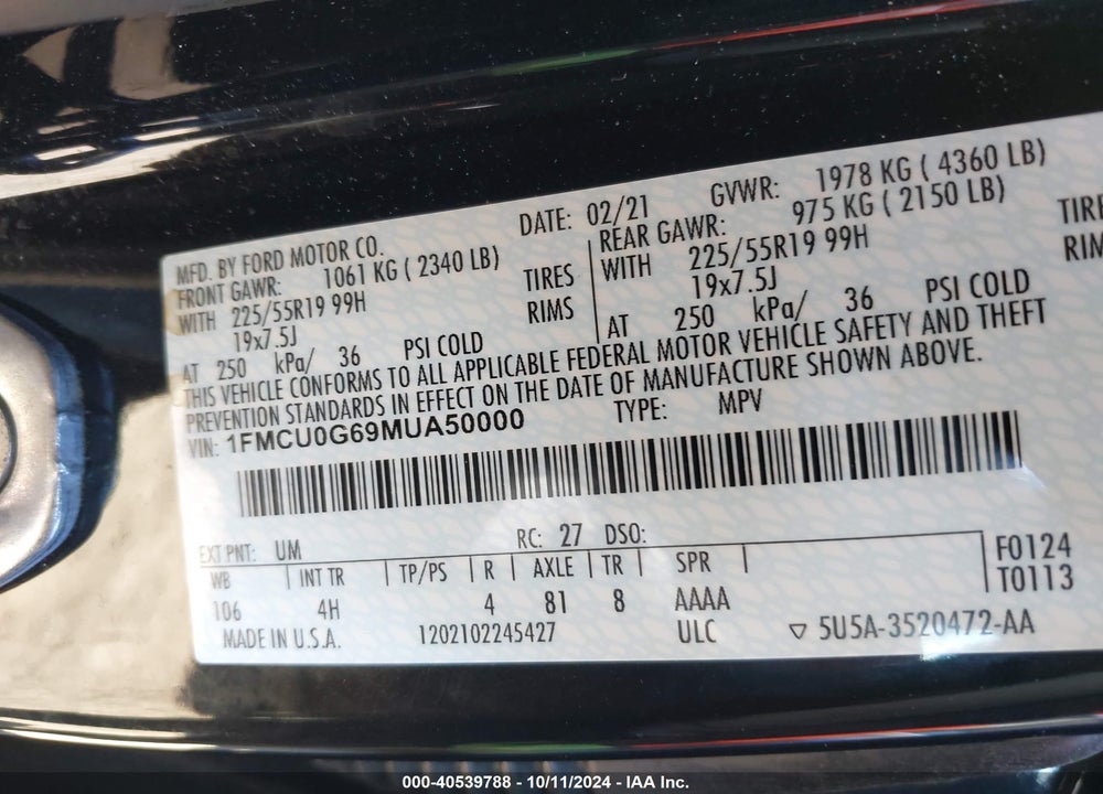 2021 FORD ESCAPE VIN: 1FMCU0G69MUA50000