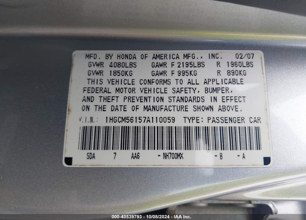 2007 HONDA ACCORD 2.4 VP VIN: 1HGCM56157A110059