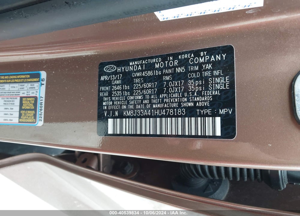 2017 HYUNDAI TUCSON SE VIN: KM8J33A41HU478183
