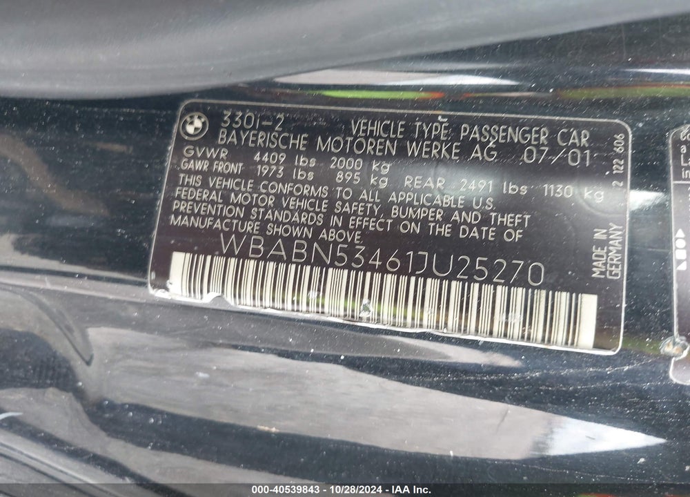 2001 BMW 330CI VIN: WBABN53461JU25270