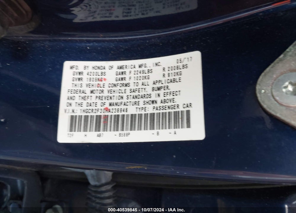 2017 HONDA ACCORD LX VIN: 1HGCR2F30HA236946