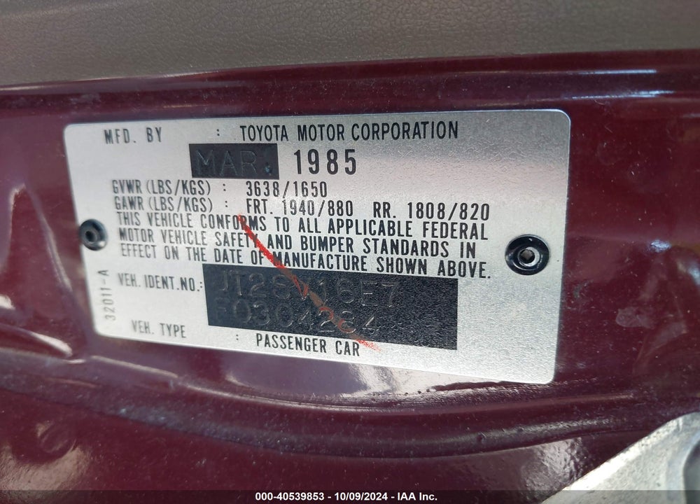 1985 TOYOTA CAMRY LE VIN: JT2SV16E7F0304284