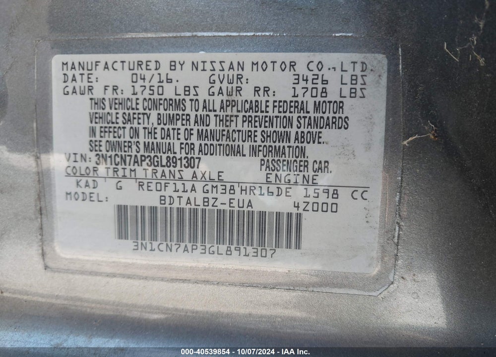 2016 NISSAN VERSA 1.6 SV VIN: 3N1CN7AP3GL891307