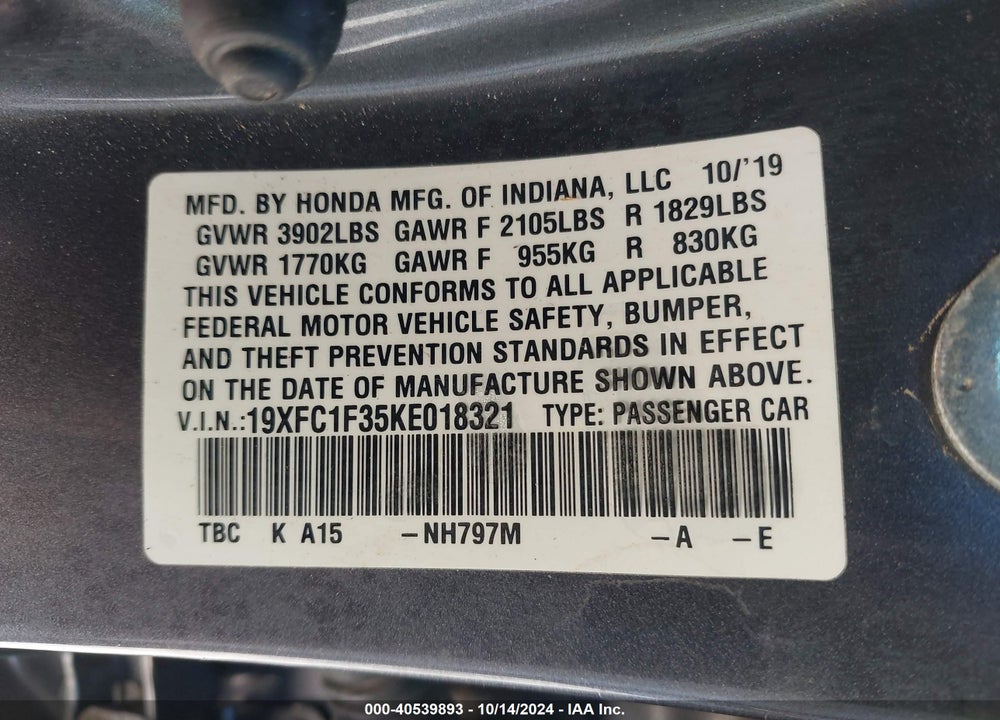 2019 HONDA CIVIC EX VIN: 19XFC1F35KE018321
