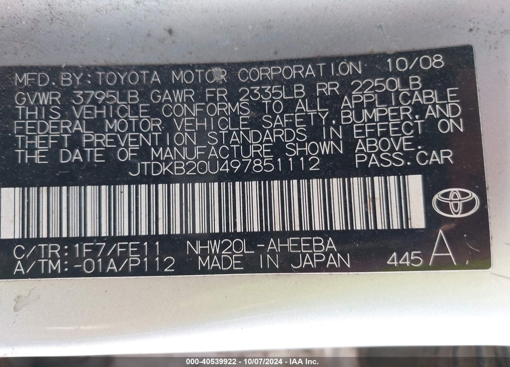 2009 TOYOTA PRIUS TOURING VIN: JTDKB20U497851112