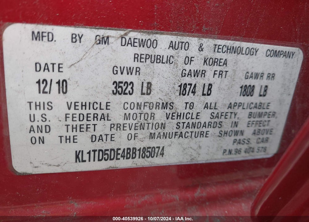 2011 CHEVROLET AVEO 1LT VIN: KL1TD5DE4BB185074