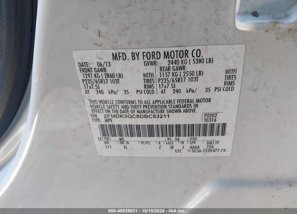 2013 FORD EDGE SE VIN: 2FMDK3GC8DBC53211