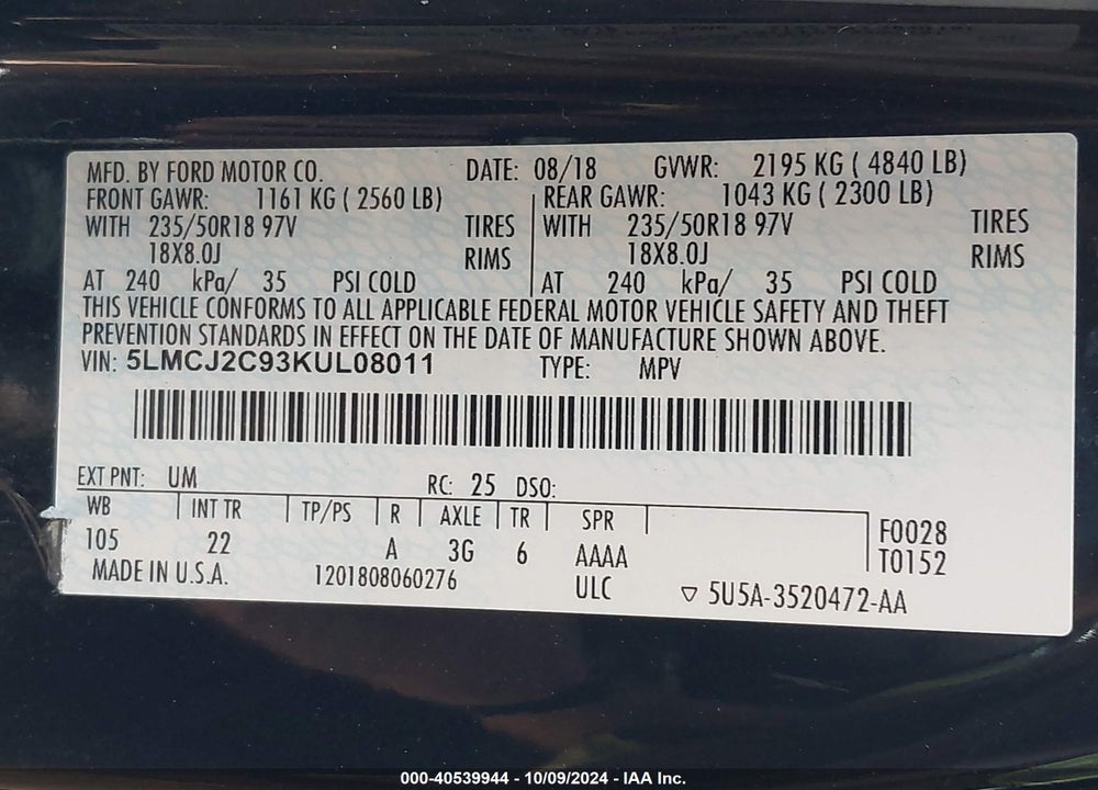 2019 LINCOLN MKC SELECT VIN: 5LMCJ2C93KUL08011