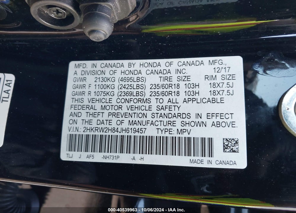 2018 HONDA CR-V EX-L/EX-L NAVI VIN: 2HKRW2H84JH619457