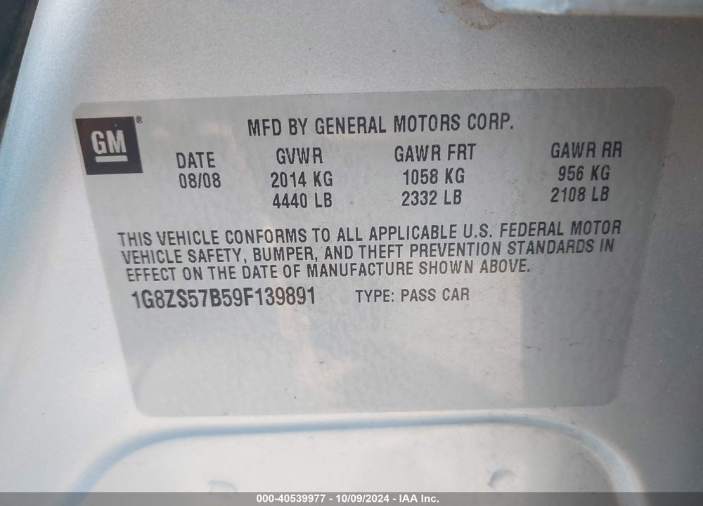 2009 SATURN AURA XE VIN: 1G8ZS57B59F139891