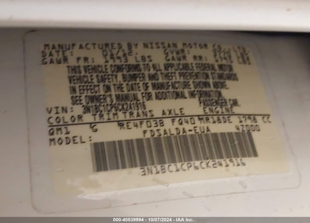 2012 NISSAN VERSA 1.8 S VIN: 3N1BC1CP6CK241916