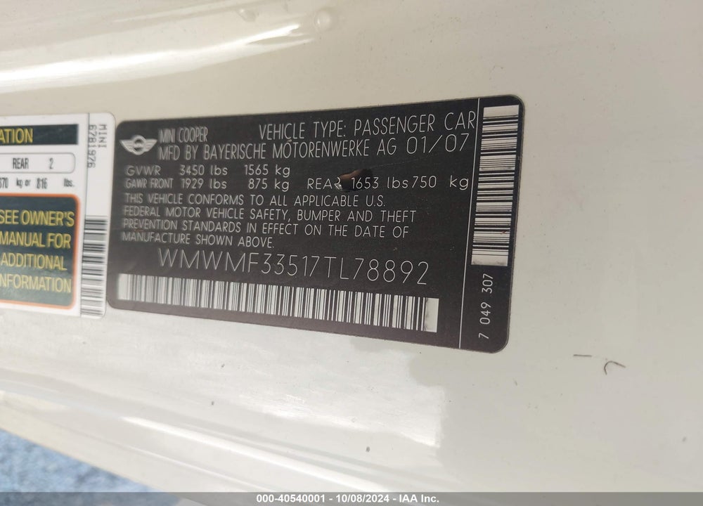 2007 MINI COOPER VIN: WMWMF33517TL78892
