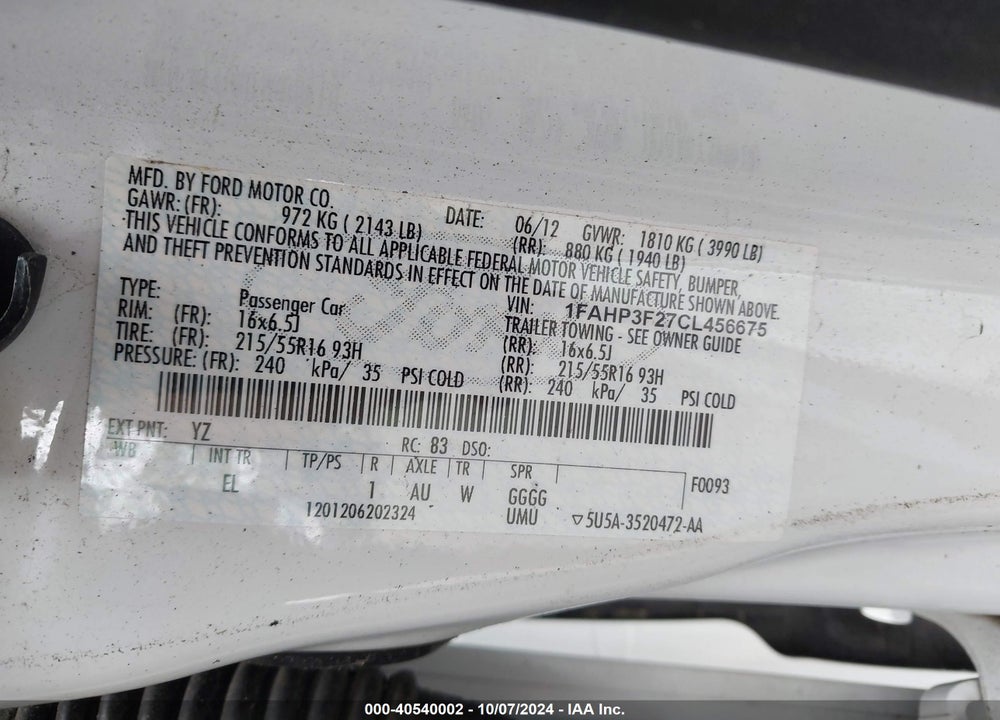 2012 FORD FOCUS SE VIN: 1FAHP3F27CL456675