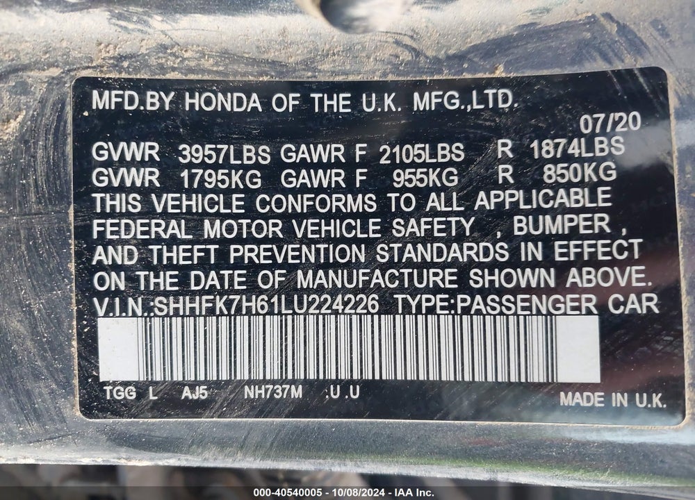 2020 HONDA CIVIC EX VIN: SHHFK7H61LU224226