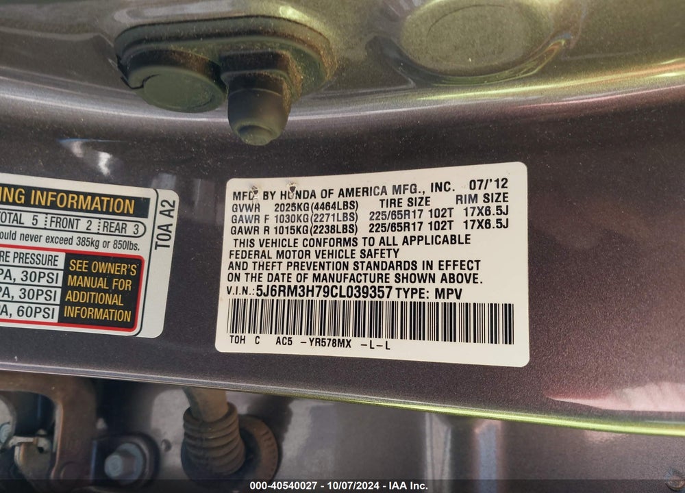 2012 HONDA CR-V EX-L VIN: 5J6RM3H79CL039357