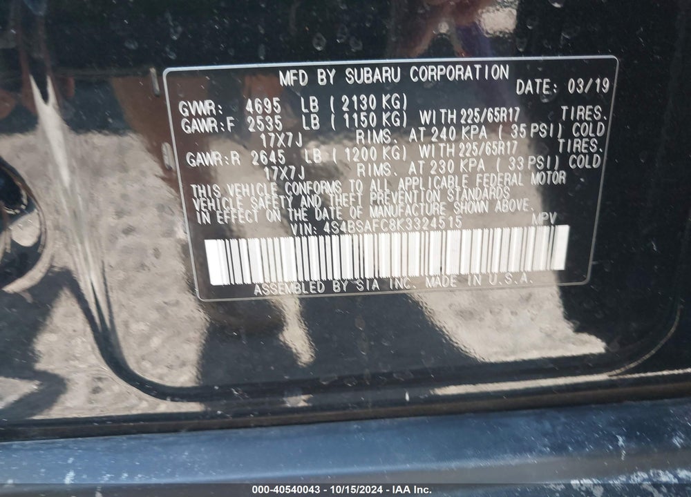 2019 SUBARU OUTBACK 2.5I PREMIUM VIN: 4S4BSAFC8K3324515