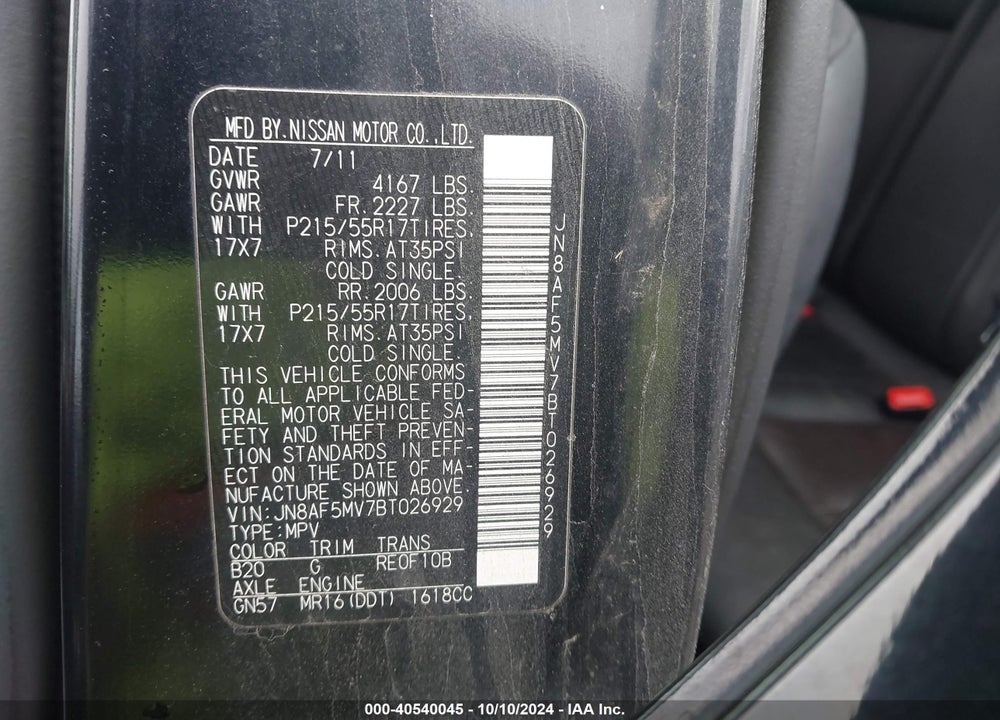 2011 NISSAN JUKE SL VIN: JN8AF5MV7BT026929