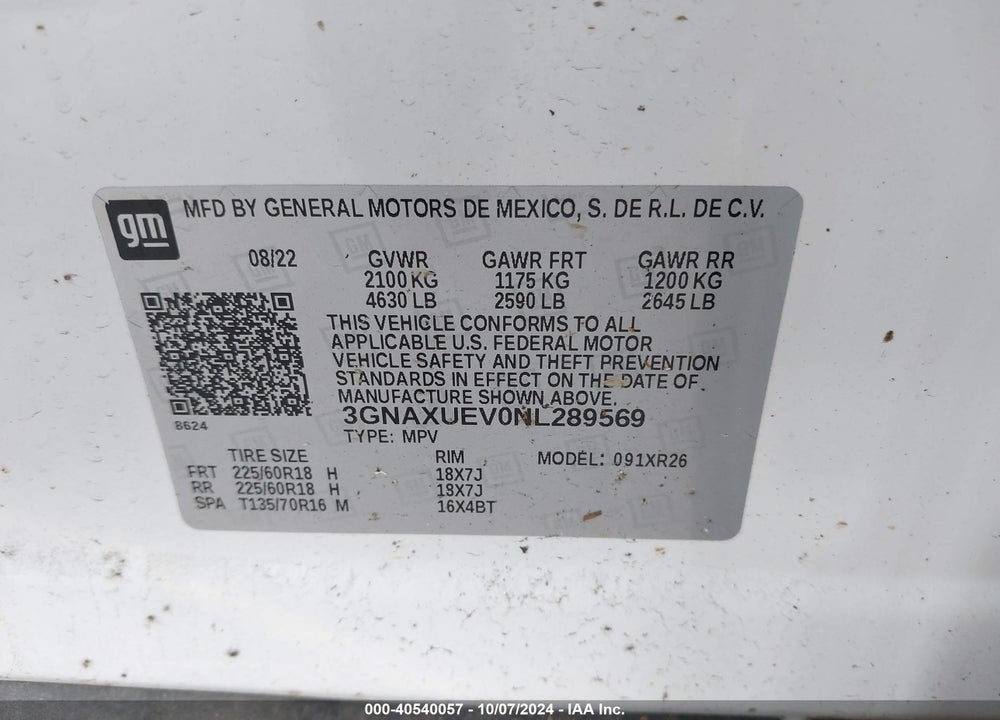 2022 CHEVROLET EQUINOX AWD LT VIN: 3GNAXUEV0NL289569