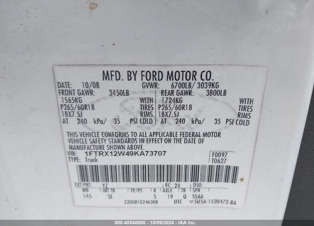 2009 FORD F-150 VIN: 1FTRX12W49KA73707