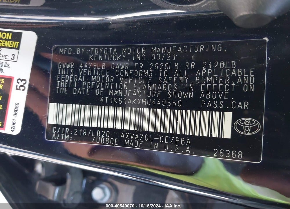 2021 TOYOTA CAMRY XSE VIN: 4T1K61AKXMU449550