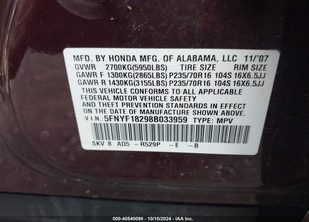 2008 HONDA PILOT VP VIN: 5FNYF18298B033959
