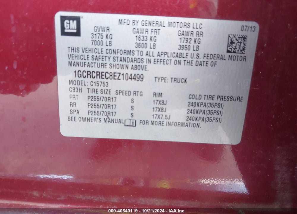 2014 CHEVROLET SILVERADO 1500 1LT VIN: 1GCRCREC8EZ104499