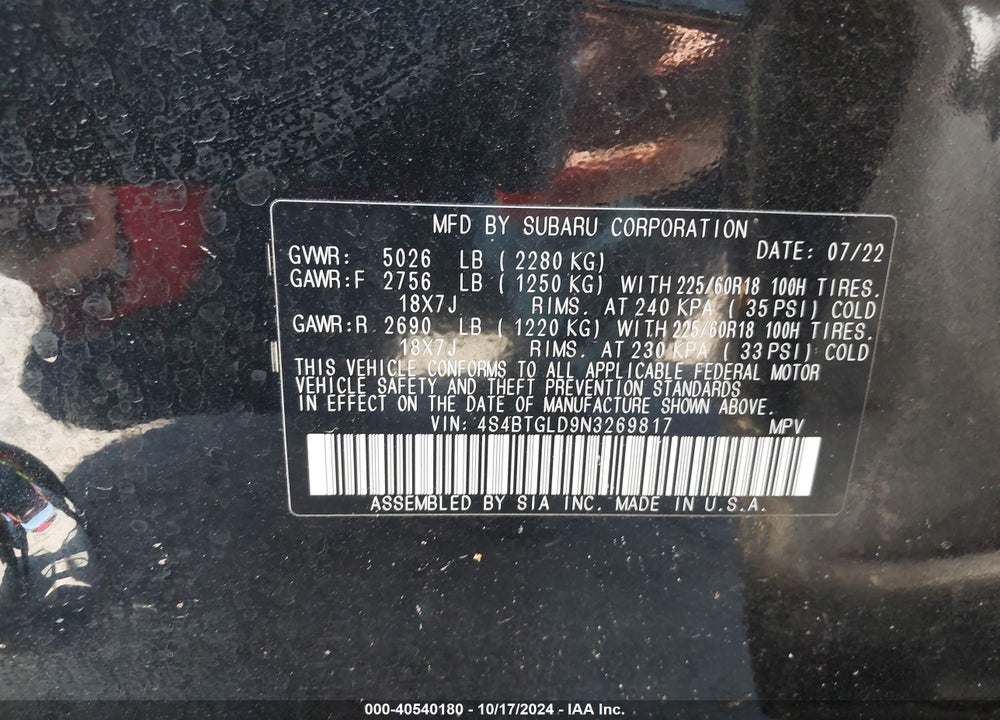 2022 SUBARU OUTBACK ONYX EDITION XT VIN: 4S4BTGLD9N3269817
