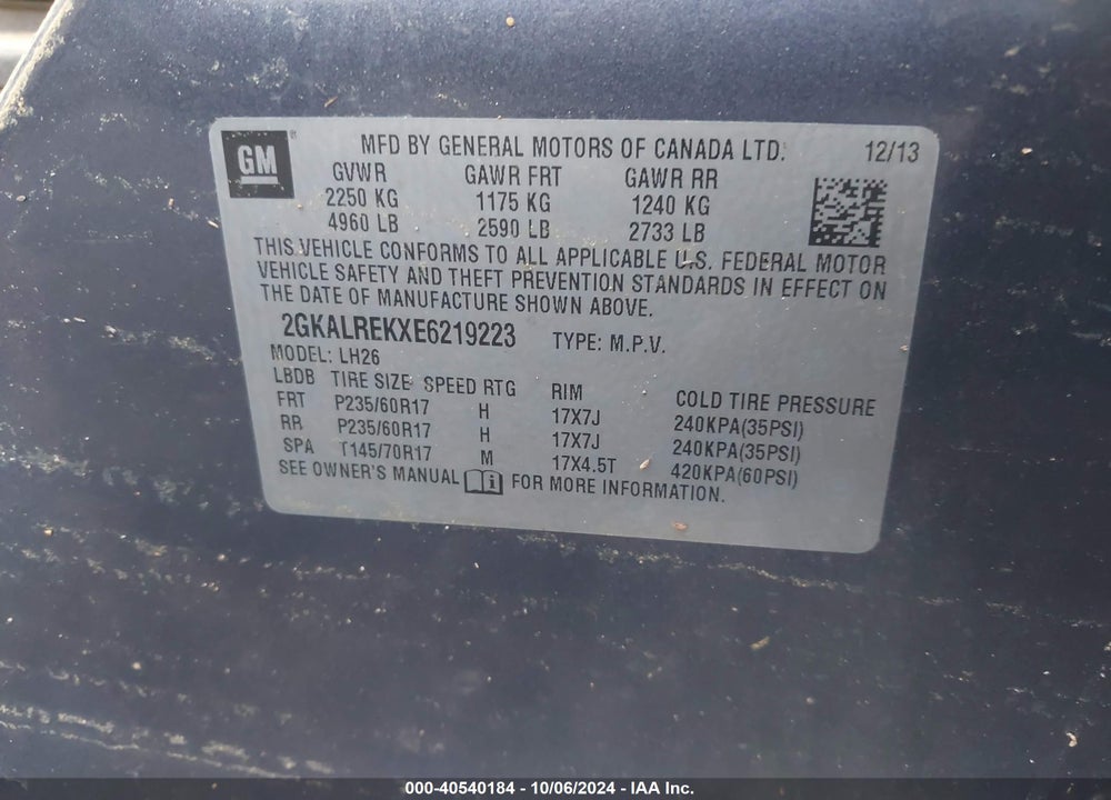 2014 GMC TERRAIN SLE-2 VIN: 2GKALREKXE6219223