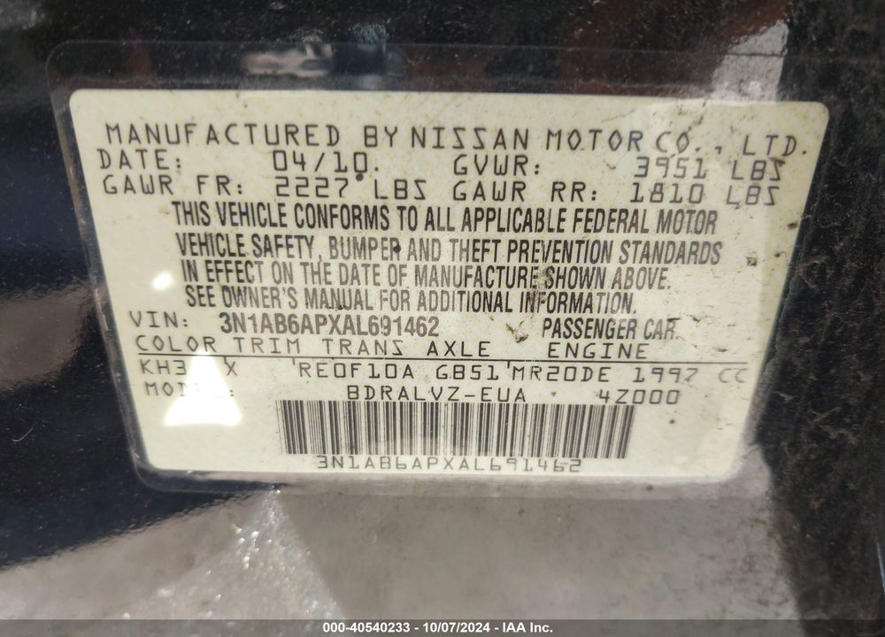 2010 NISSAN SENTRA 2.0SL VIN: 3N1AB6APXAL691462