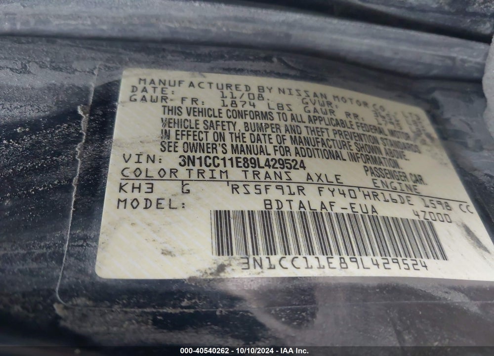 2009 NISSAN VERSA 1.6 BASE VIN: 3N1CC11E89L429524