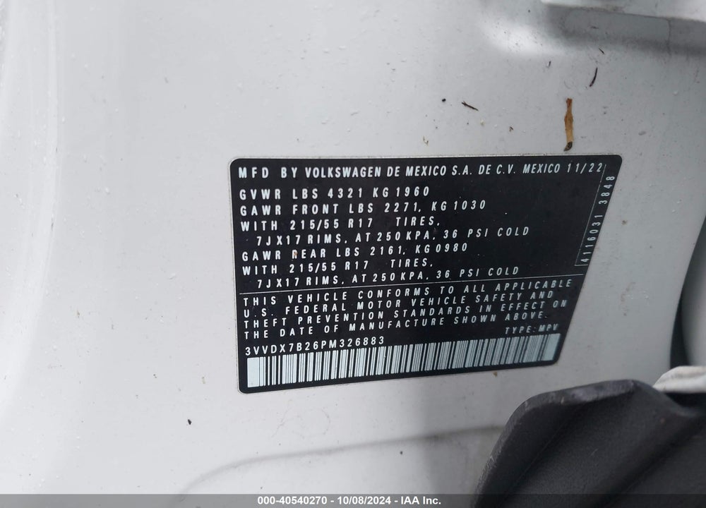 2023 VOLKSWAGEN TAOS 1.5T S VIN: 3VVDX7B26PM326883