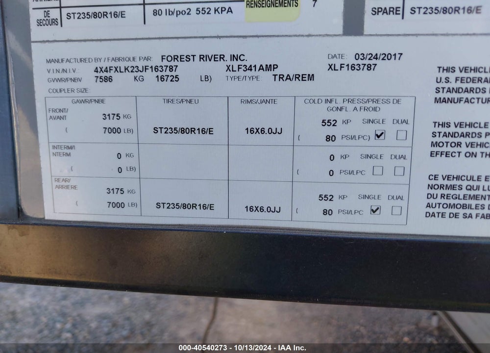 2018 FOREST RIVER XLRT VIN: 4X4FXLK23JF163787