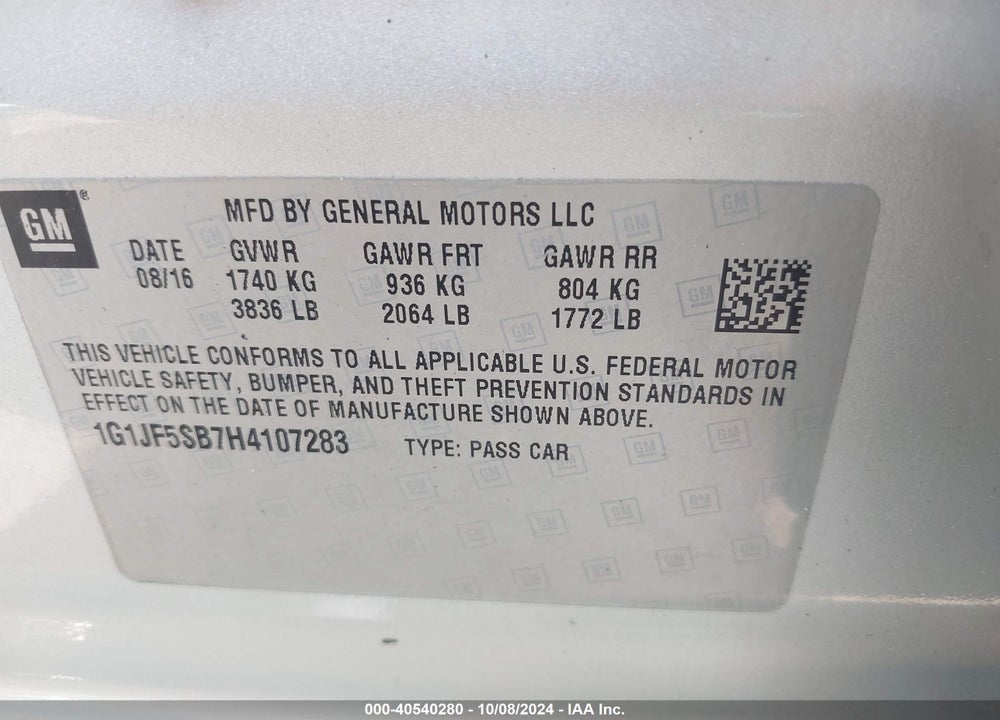 2017 CHEVROLET SONIC VIN: 1G1JF5SB7H4107283