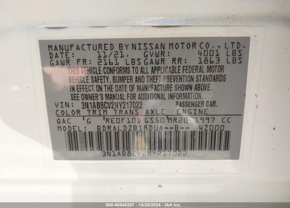 2022 NISSAN SENTRA SV XTRONIC CVT VIN: 3N1AB8CV2NY217022