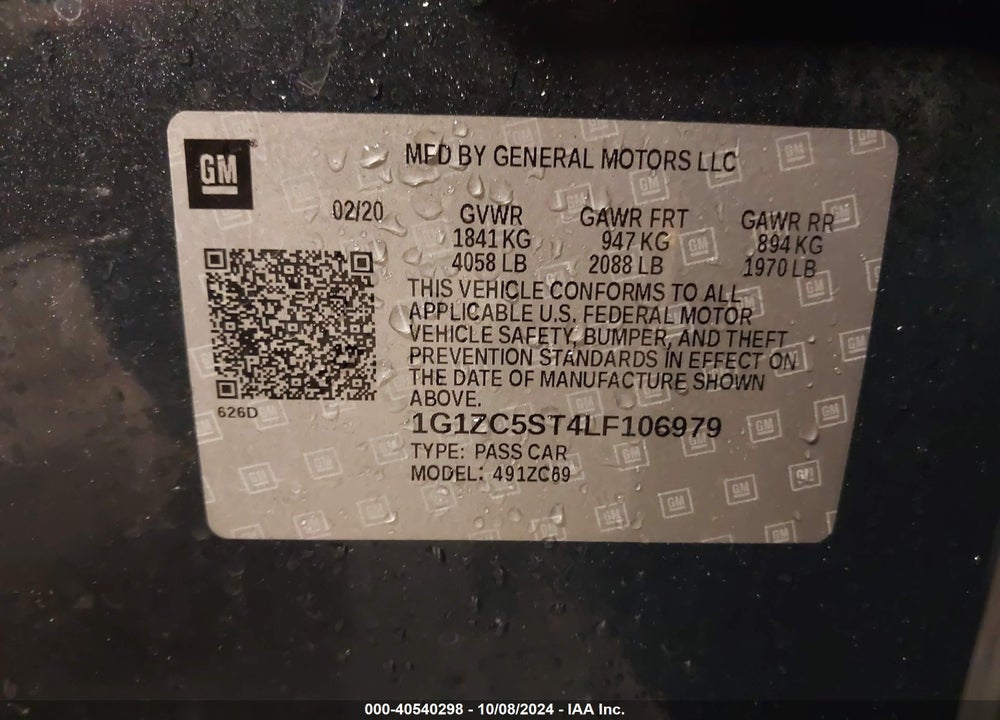 2020 CHEVROLET MALIBU FWD 1FL VIN: 1G1ZC5ST4LF106979