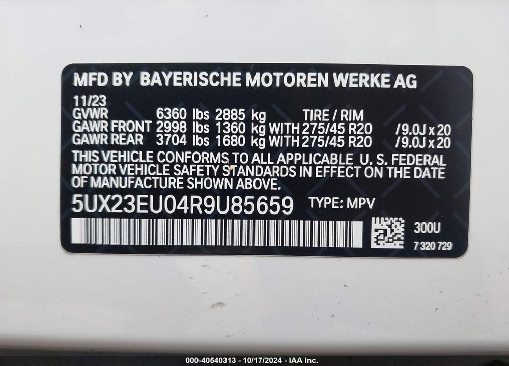 2024 BMW X5 XDRIVE40I VIN: 5UX23EU04R9U85659